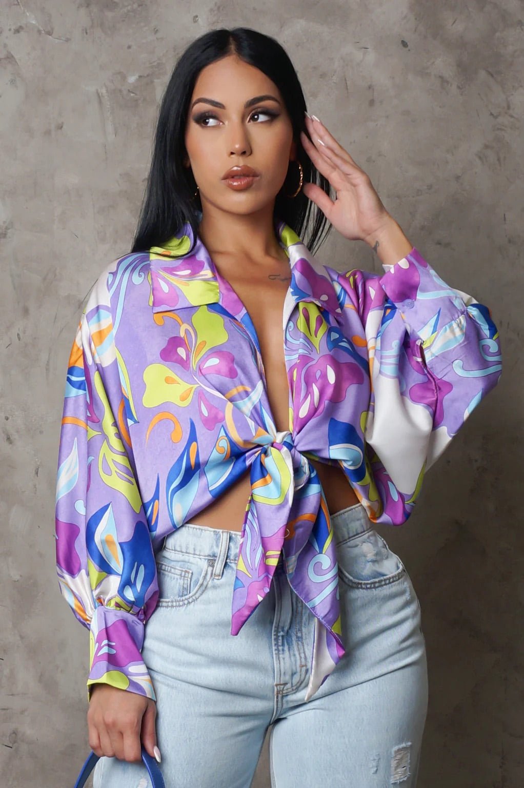 COONEY PRINT FRONT TIE BLOUSE - Gia Lux Boutique