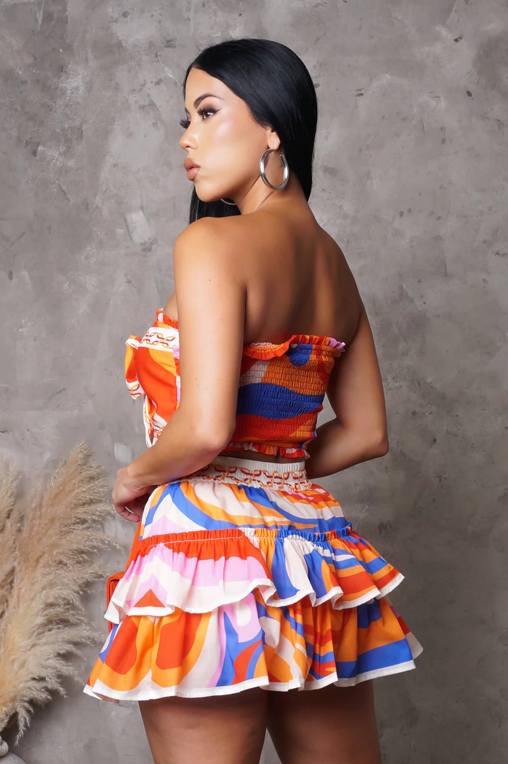 NATY ORANGE PRINT TIE TOP RUFFLE SET - Gia Lux Boutique